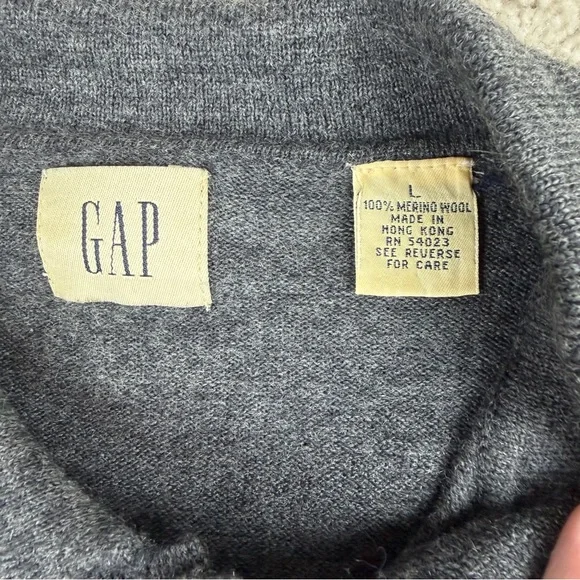 Vintage GAP Merino Wool Knit Polo Sweater Gray Long Sleeve Collared Shirt Mens L - Picture 2 of 6